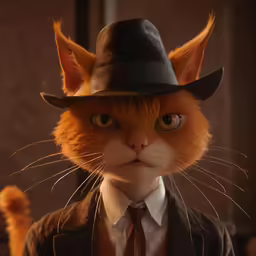 a cat wearing a hat and suit in the shape of a dog
