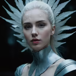 a woman in white make - up with long white feathers on her head