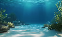 an underwater photo shows a sandy area and rocks