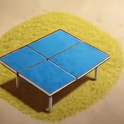 a blue tennis table sits in an area of grass