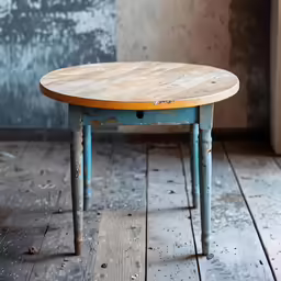 an old table sits alone on a wooden floor