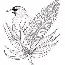 an ink drawing of a bird with feathers on it,a bird sitting on top of a leaf