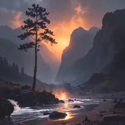a photo of a stream running through a valley at sunset