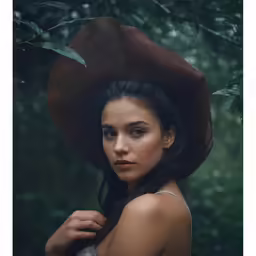 a woman with a hat standing by a tree