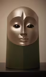 a golden mask with dark eyes sits on top of a table