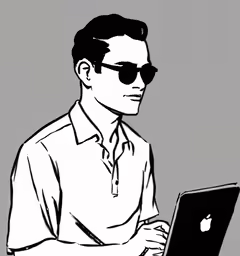 an inked picture of a man wearing sunglasses using a laptop