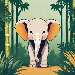 an elephant with long ears and yellow tusks standing in front of jungle trees,an elephant stands in front of a palm tree filled forest
