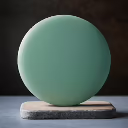 a round sculpture is standing on a wooden platform