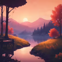 there is a bench that is overlooking the lake,some trees mountains water and clouds and the sun is setting