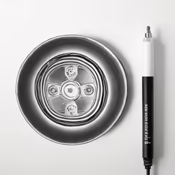 an open notebook with a pen and a round object