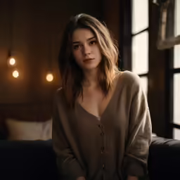 a woman in brown jacket sitting on couch