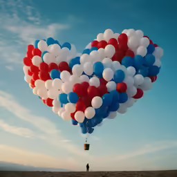 balloon heart shaped in sky with small person walking next to it