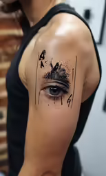 woman with painted eyeballs and words on her sleeve