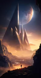 a space station in a mountainous mountain valley with a sci - fi like city skyline