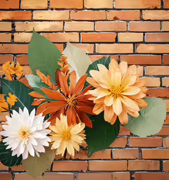 white and yellow flowers sit atop some leaves on a brick wall,a brick wall with flowers on it
