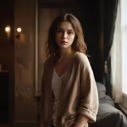 a woman looking into the distance in a room