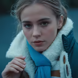 the girl with a blue scarf is wearing a coat