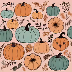 the pumpkin and gourd pattern on a pink background,the pumpkins and fall leaves are arranged in an intricate arrangement