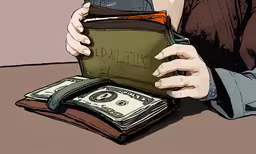 man holding an overflowed wallet over a stack of cash,a person is sitting at a table with some money