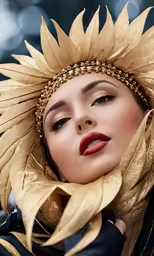 a close up shot of a woman with gold feathers