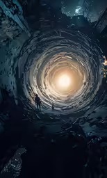 man walking into an abstract light tunnel at night