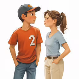 cartoon character and child looking at each other