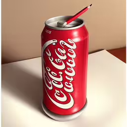 a coca - cola can with a pencil sticking out of the top