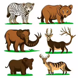 a collection of wild animals with different types of species,a picture of animals that are all together,various animals that are grouped together in an arrangement,a collection of animals with different color stripes,animals with different color and size standing on the grass