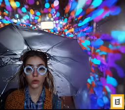 a woman in glasses under an umbrella and some lights