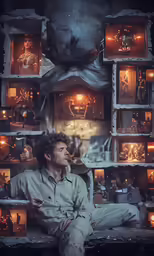 a man sitting on a bed near many photos