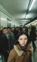 a woman with a coat standing in front of a long line of people