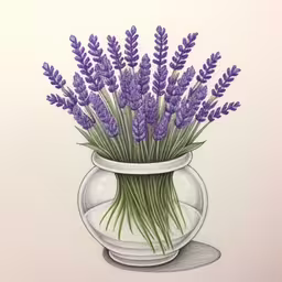 a painting of lavender flowers in a vase,drawing of a vase filled with lavender flowers,a drawing of lavender flowers in a fish bowl,a drawing of some lavender flowers in a glass bowl,a watercolor painting of a bowl filled with lavender flowers