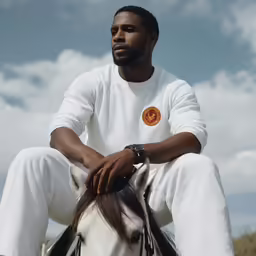 a man sits atop a brown and white horse