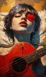 a woman with a red guitar under her skin