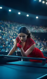 a woman sitting at the top of a table wearing a red dress