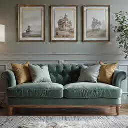 a living room with two couches, three lamps, and a rug