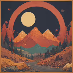 this illustration depicts mountains with a full moon and forest,the sun rises over a mountain range as an image of a highway