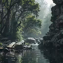 the calm water is surrounded by rocks and pine trees