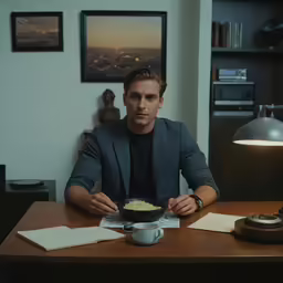 a man with a drink sitting at a desk eating cereal