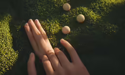 a hand touching an egg on a field