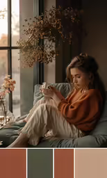 a woman is sitting by a window looking at her cell phone