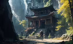 a person stands in front of an oriental style building