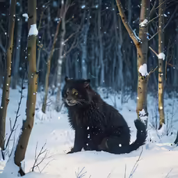 a black bear is sitting in the snow between trees