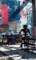 a couple of wooden chairs and a robot on a stage