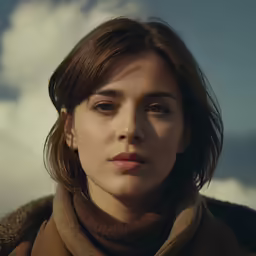 woman with brown eyes and a beige coat with she has a black collar and brown scarf