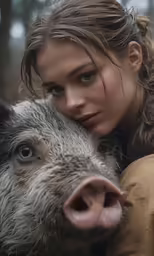 the young woman is holding a small pig