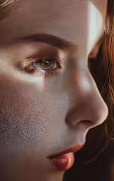 a woman with freckles is looking into the distance