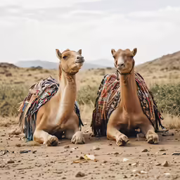 two camel laying down on a barren desert