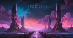 a purple and blue painting shows the ruins of an old city