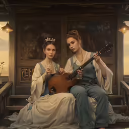 two women sitting on a bench with one holding a guitar